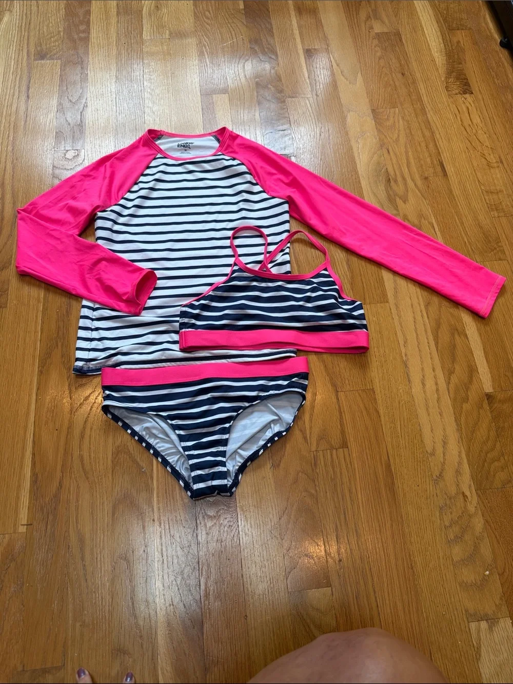 Lands' End Girls' Navy & White Striped 3-Piece Swim Set with Hot Pink Accents